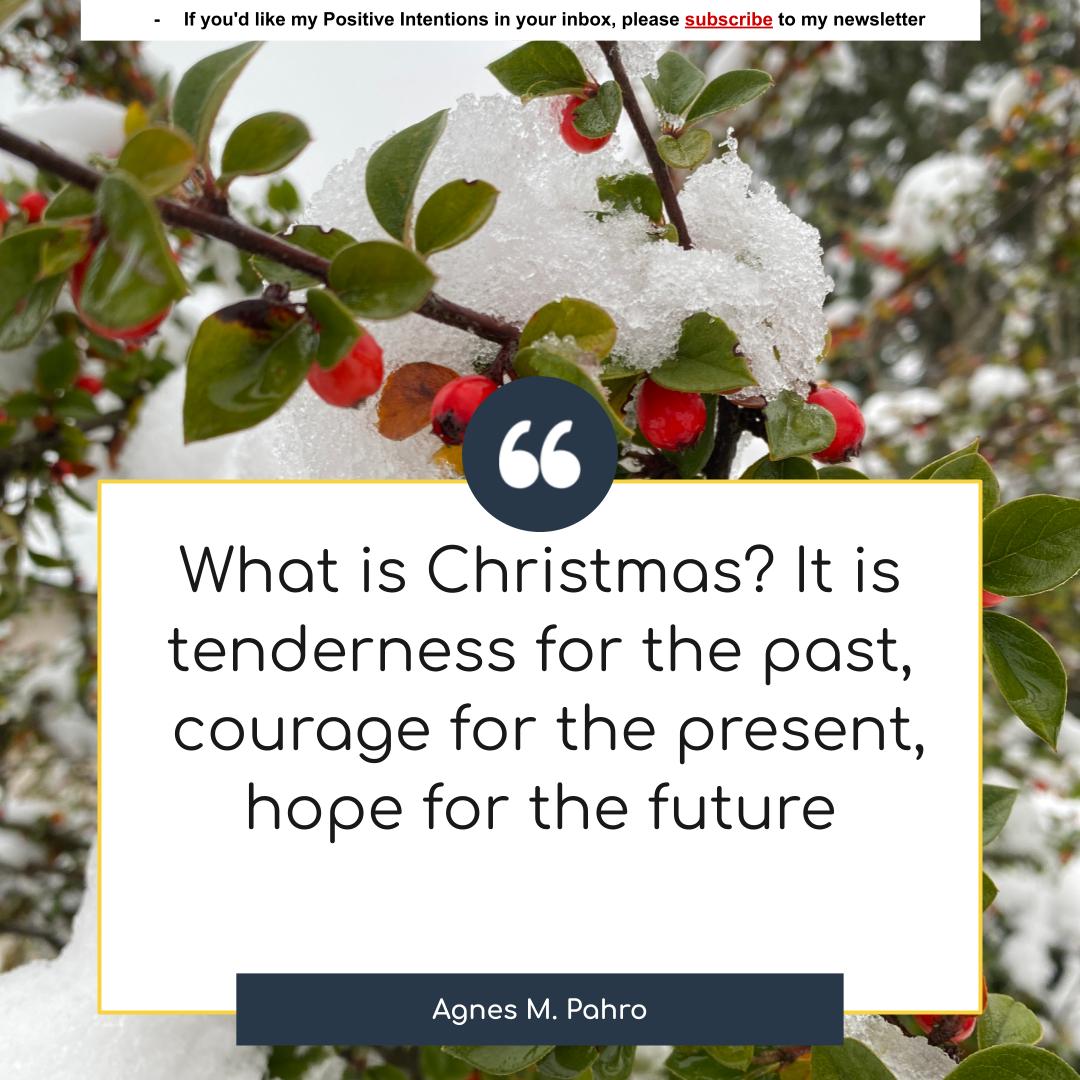 Festive photo of evergreen leaves and red berries topped with snow. Close-up photo taken by Liz Gooster. Agnes Pahro quote superimposed, saying: 'What is Christmas? It is tenderness for the past, courage for the past, hope for the future.'